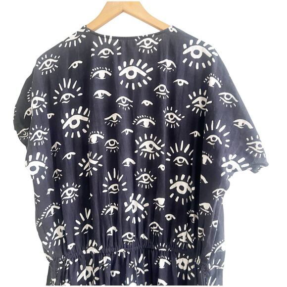 World Market Evil Eye Print Jumpsuit Size Large/XL Cotton Linen Blend Pockets - Picture 4 of 11